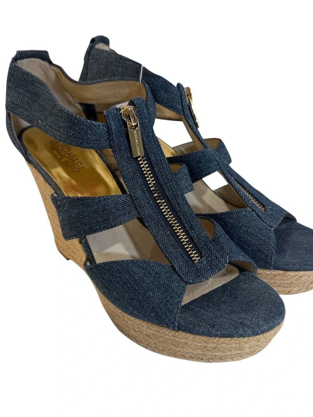 Michael Kors Womens 9.5 Denim Espadrille Wedge Sandals Zip Front Blue Heels